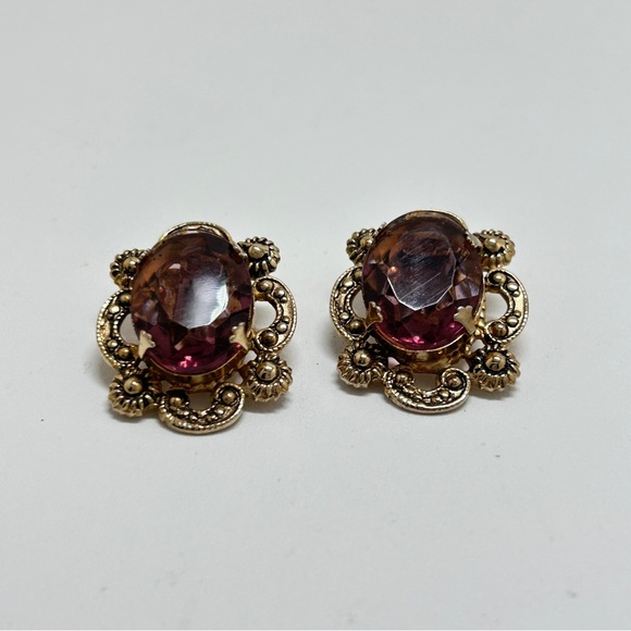 Marino Jewelry - Marino, Vintage Gold And Purple Glass Cabochon Earrings, Clips, Marino 1932-1978